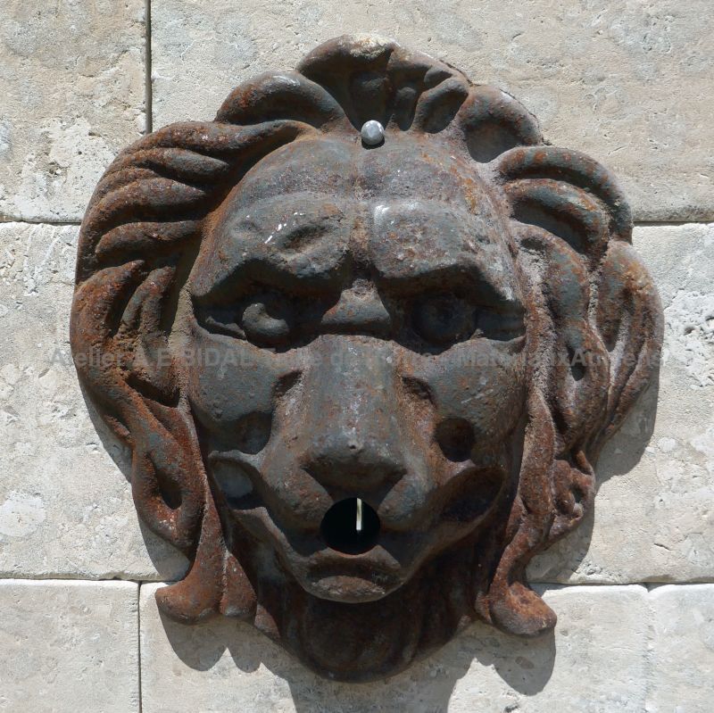Détail de la tête de lion en fonte, sortie d'eau sur notre large fontaine en pierre