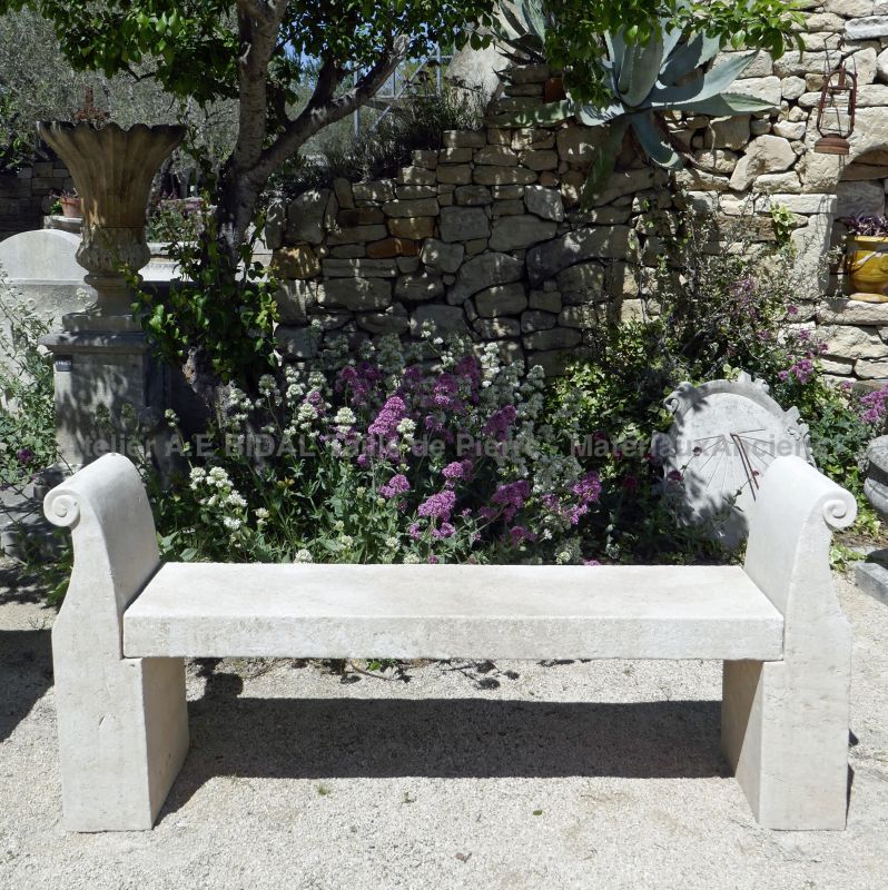 Charming garden bench carved in Avy stone with sculpted armrests - Hand-crafted by Atelier Alain BIDAL, Provence
