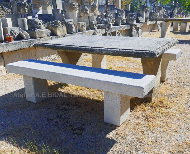 Long stone bench : a natural limestone garden bench for sale in Provence at Atelier Alain BIDAL