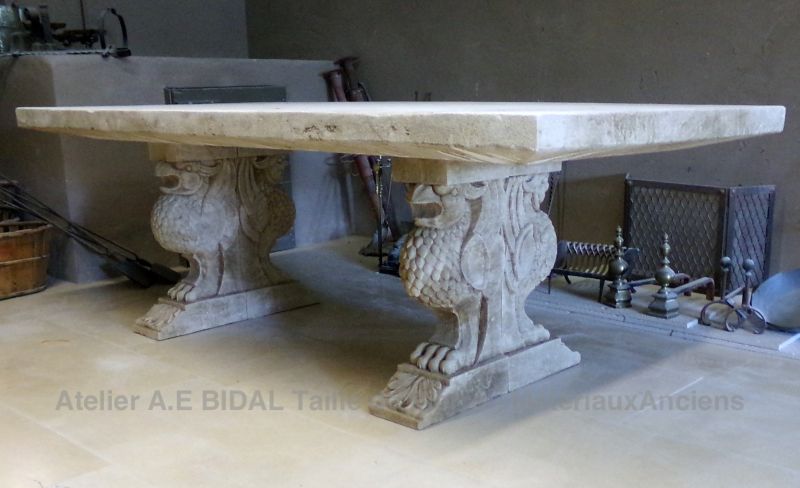 2.5 meter long natural stone table : Sustainable and ecological stone furniture - Atelier Alain BIDAL (Provence)