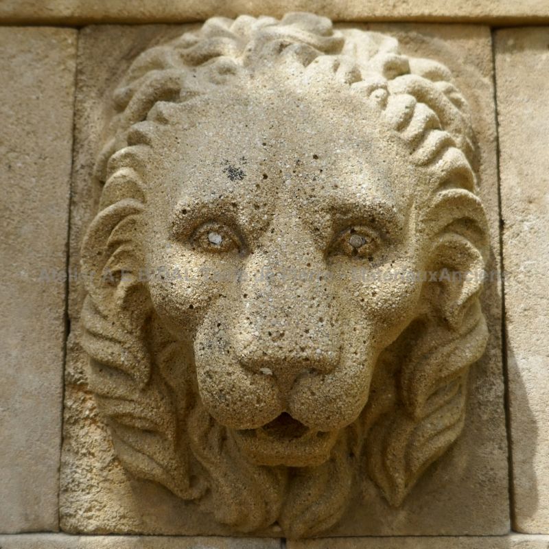 Magnifique tête de lion sculptée à la main par le tailleur de pierre Alain Bidal.